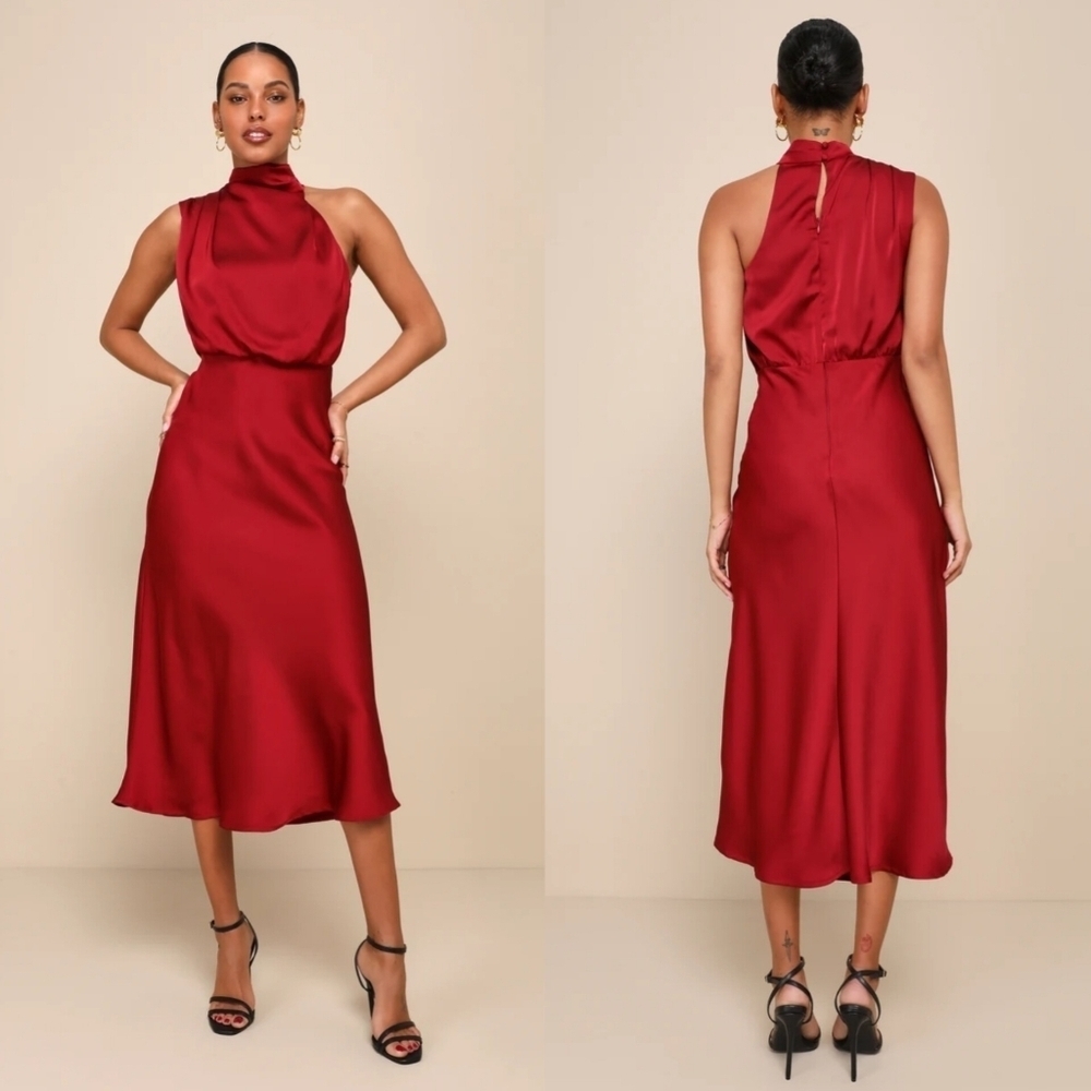 Lulus Distinctive Charm Burgundy Satin Asymmetrical Midi Dress L Wedding Party